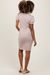 Taupe Striped Short Sleeve Maternity T-Shirt Dress