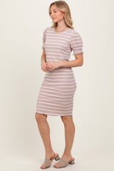 Taupe Striped Short Sleeve T-Shirt Dress