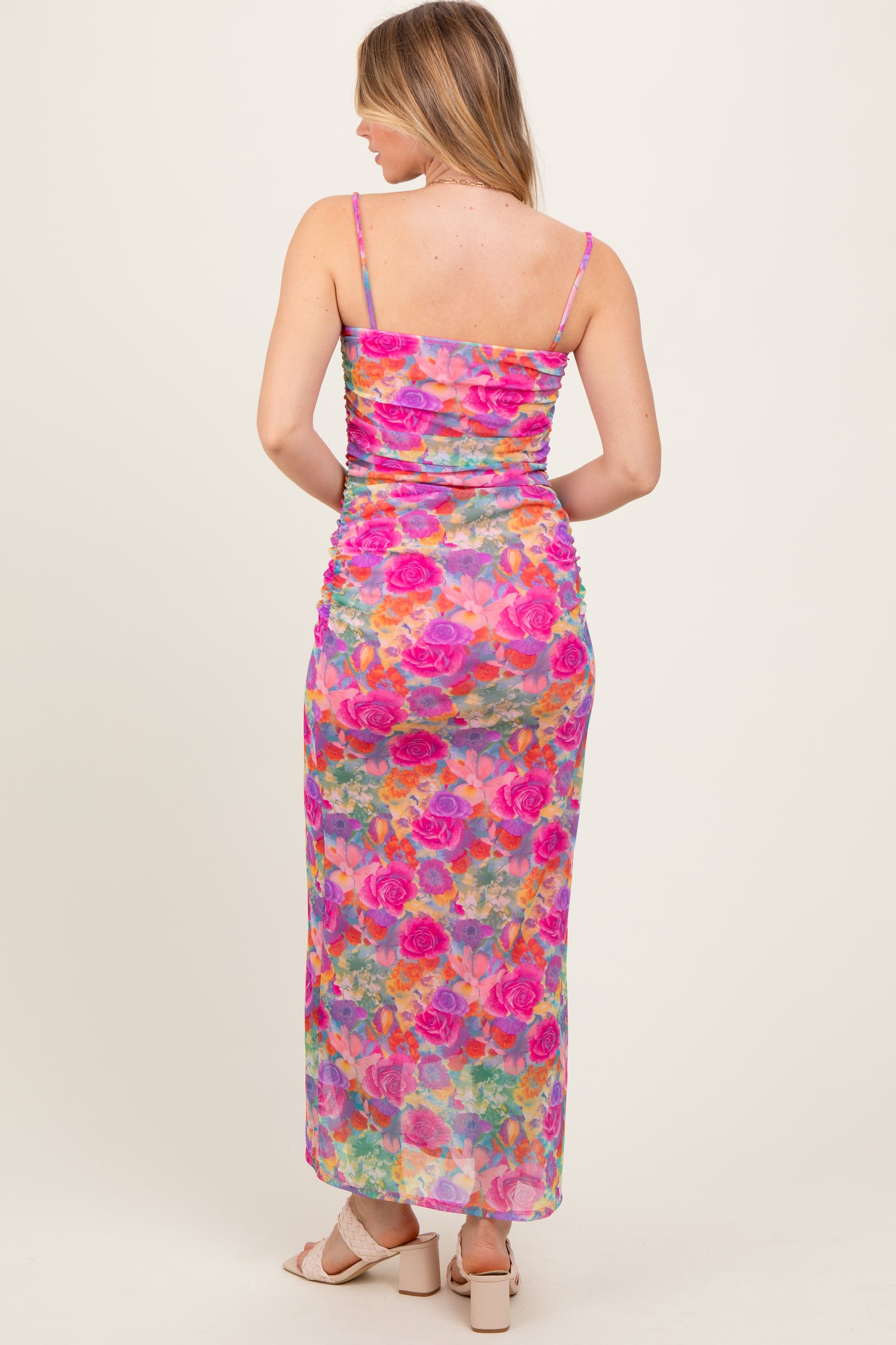Pink Multi-Color Floral Mesh Ruched Sleeveless Maxi Dress
