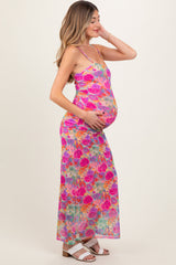 Pink Multi-Color Floral Mesh Ruched Sleeveless Maternity Maxi Dress