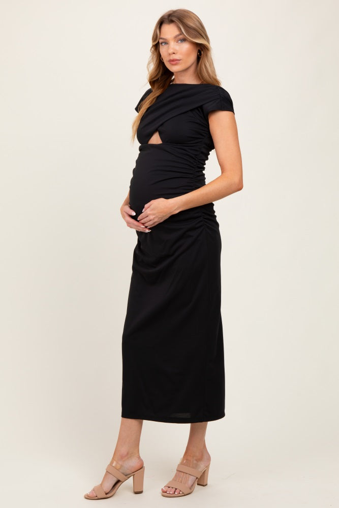 Black Asymmetrical Cutout Ruched Maternity Midi Dress – PinkBlush
