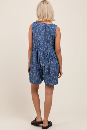 Navy Blue Floral Chambray Pleat Front Maternity Romper