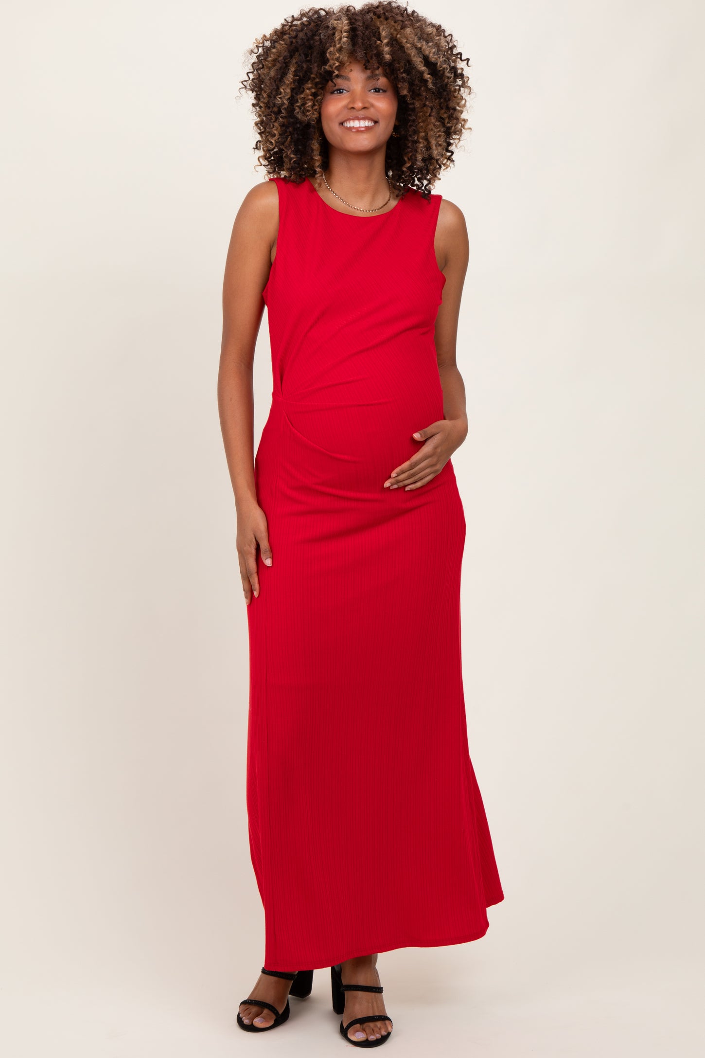 Red Gathered Waist Sleeveless Maternity Maxi Dress