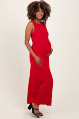 Red Gathered Waist Sleeveless Maternity Maxi Dress