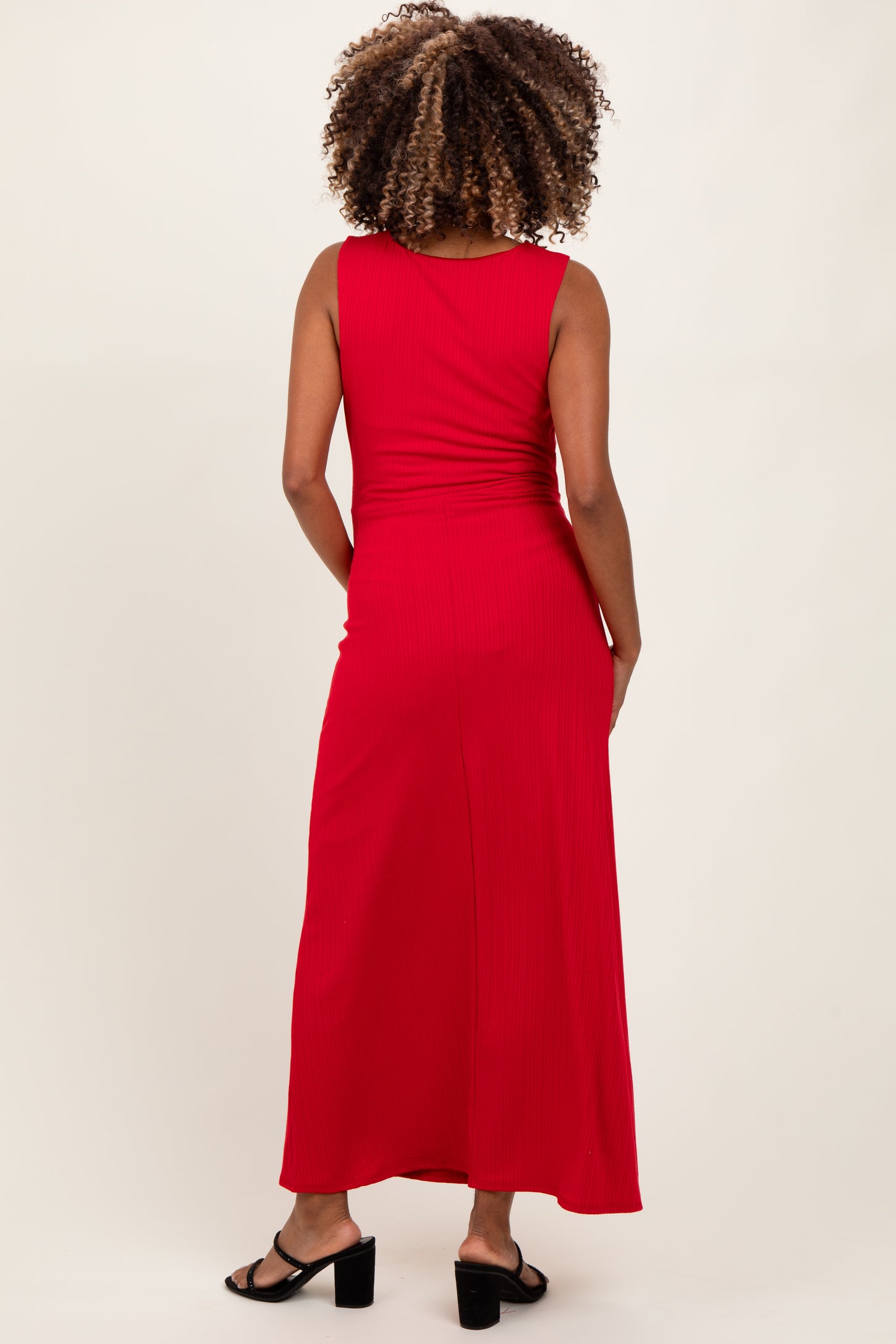 Red Gathered Waist Sleeveless Maternity Maxi Dress