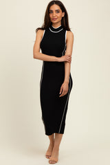 Black Ribbed Knit Contrast Detail Maternity Midi Dress