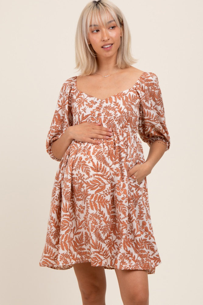Peach Floral Puff Sleeve Maternity Dress