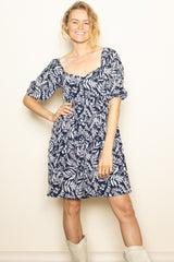 Navy Floral Puff Sleeve Dress