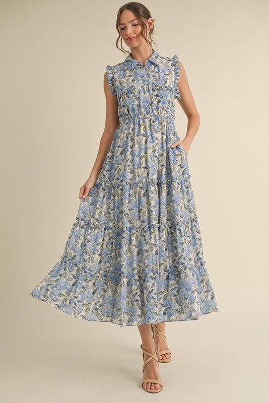 Blue Floral Print Chiffon Tiered Maternity Maxi Dress