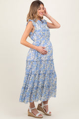 Blue Floral Print Chiffon Tiered Maternity Maxi Dress