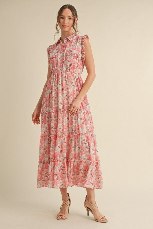 Pink Floral Print Chiffon Tiered Maxi Dress