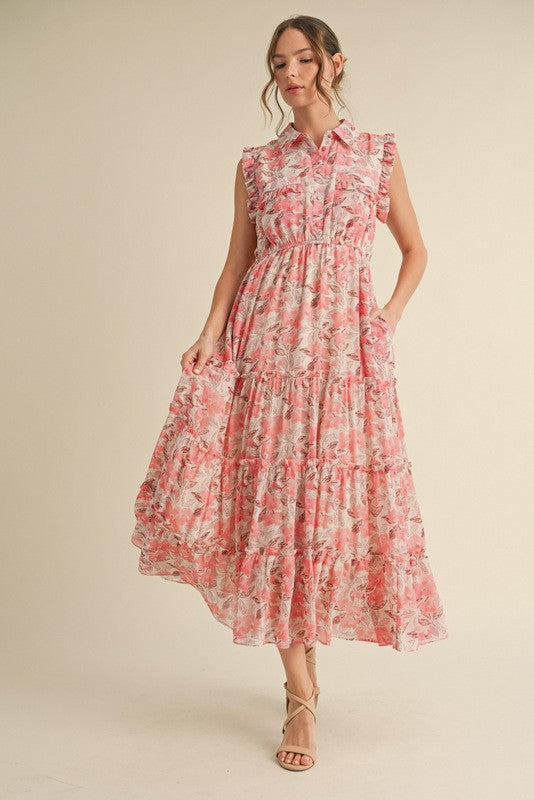 Pink Floral Print Chiffon Tiered Maxi Dress