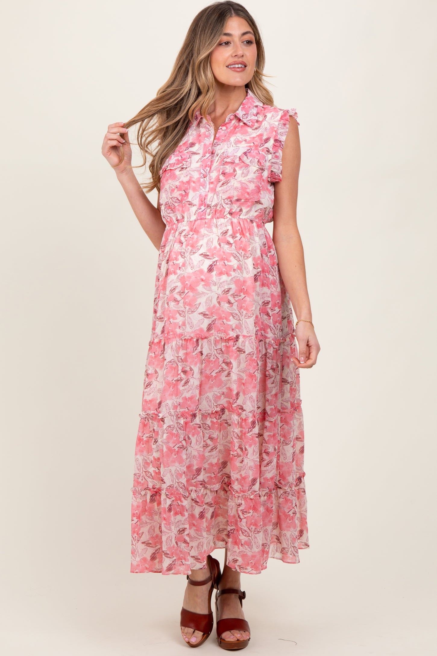 Pink Floral Print Chiffon Tiered Maternity Maxi Dress