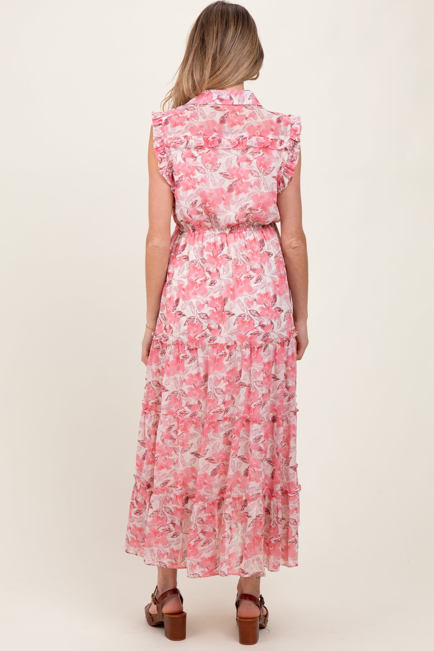 Pink Floral Print Chiffon Tiered Maternity Maxi Dress