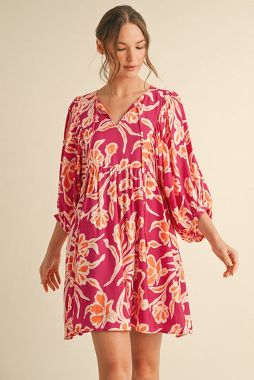 Fuchsia Print 3/4 Balloon Sleeve Dress