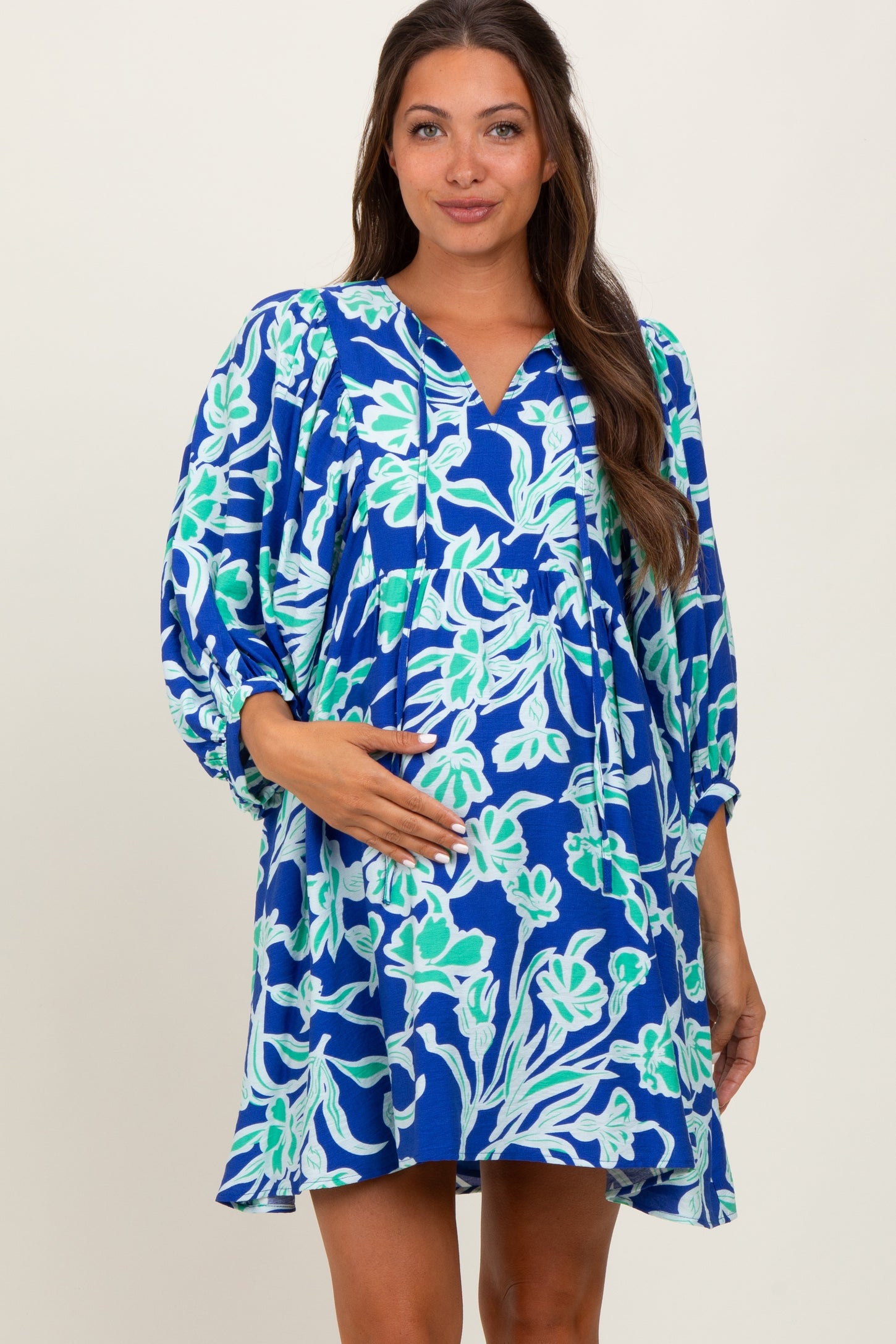 Royal Blue Print 3/4 Balloon Sleeve Maternity Dress