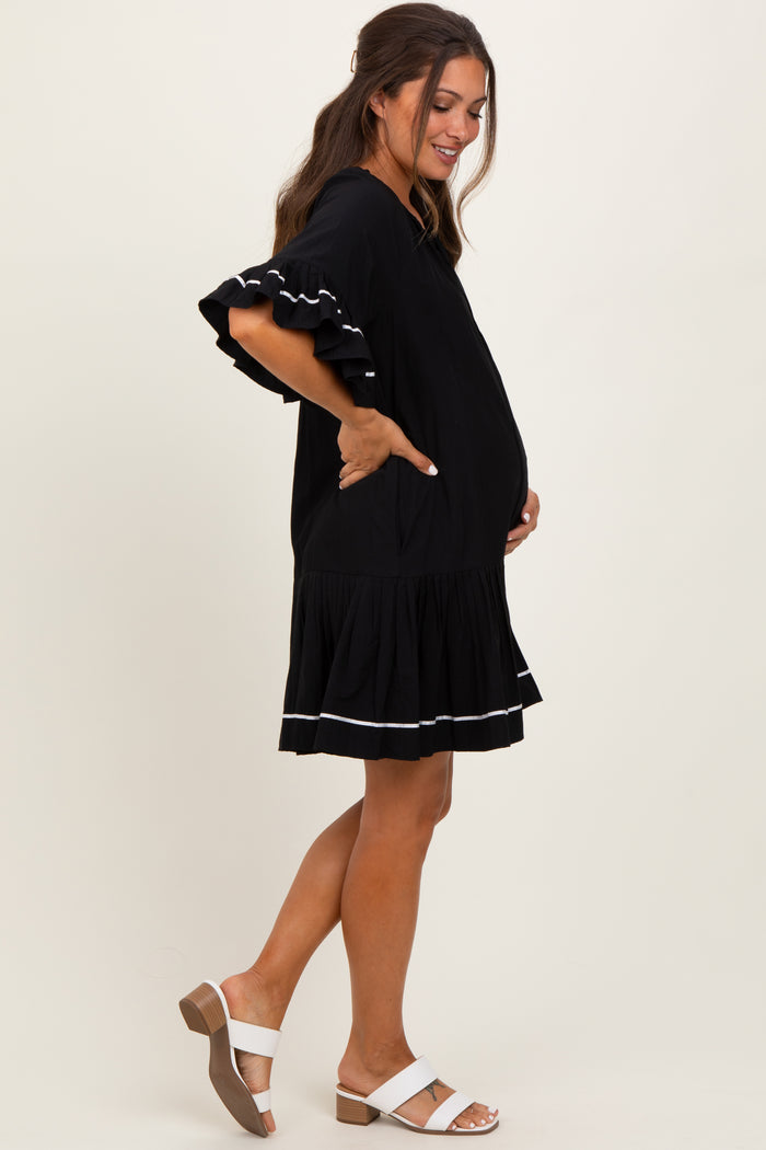 Black Solid Short Sleeve Pocketed Maternity Dress