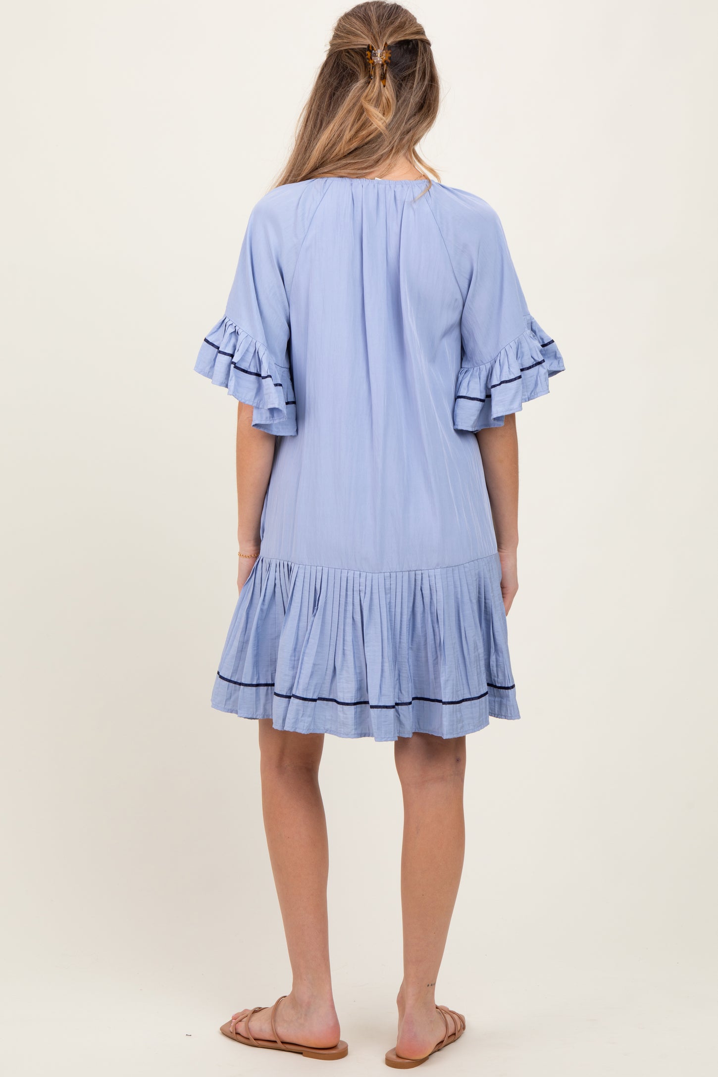 Light Blue Solid Short Sleeve Pocketed Maternity Dress