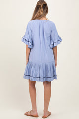 Light Blue Solid Short Sleeve Pocketed Maternity Dress