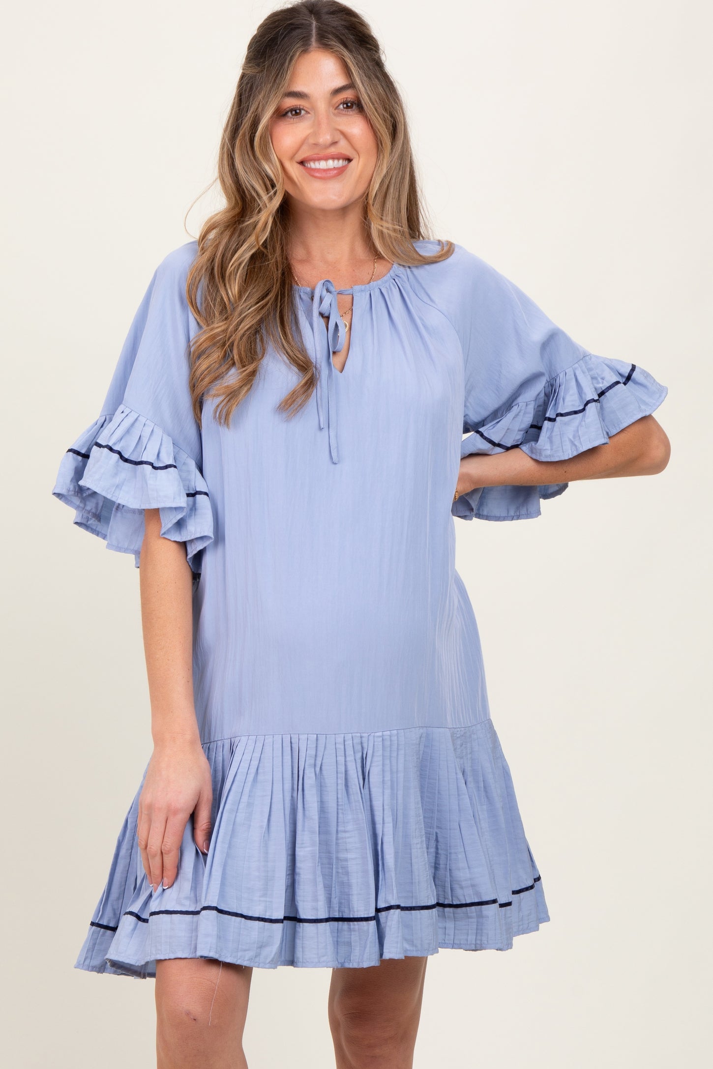 Light Blue Solid Short Sleeve Pocketed Maternity Dress
