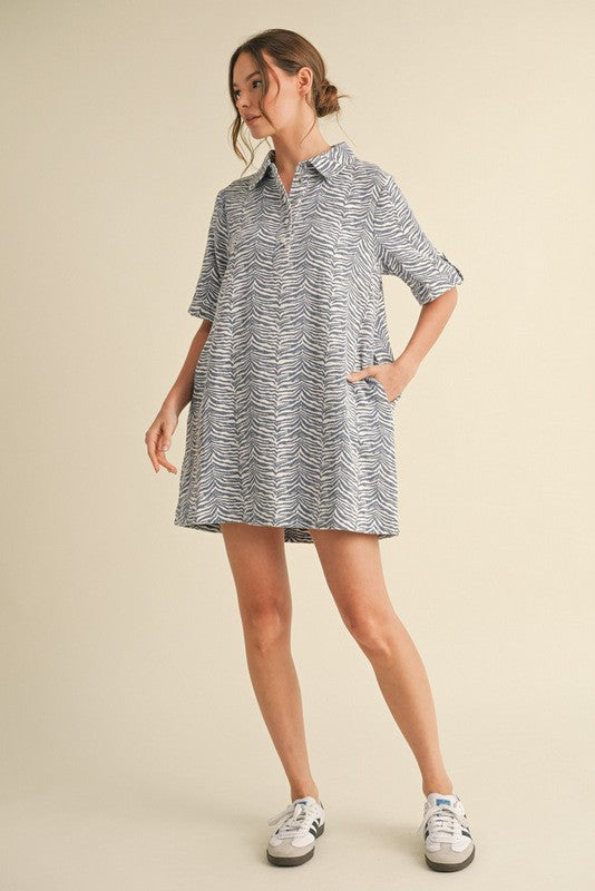 Blue Zebra Print Pocketed Mini Dress