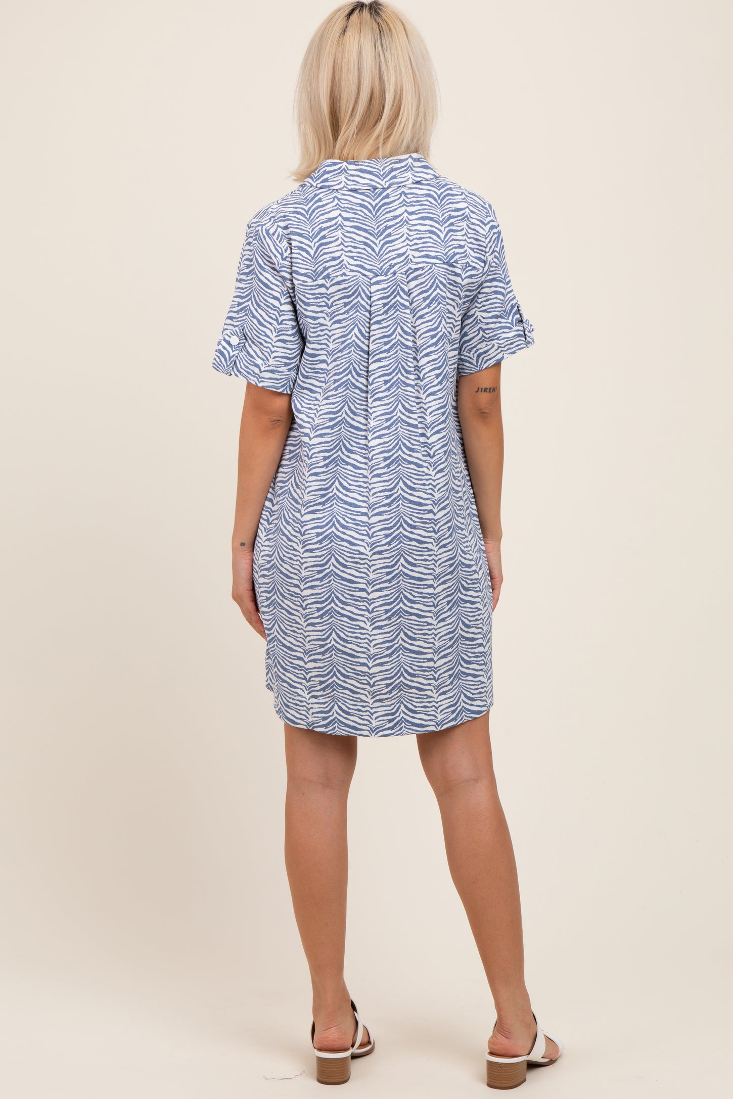 Blue Zebra Print Pocketed Maternity Mini Dress