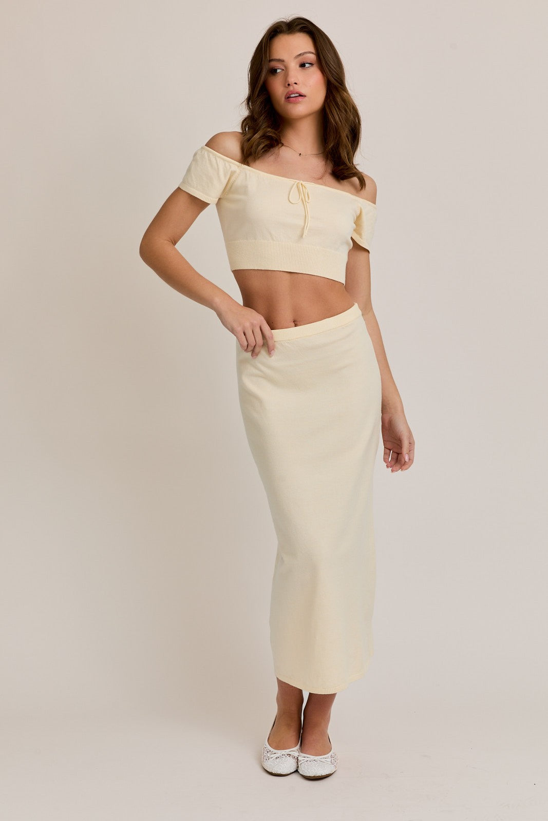 Cream Knit Off Shoulder Crop Top Maxi Skirt Set