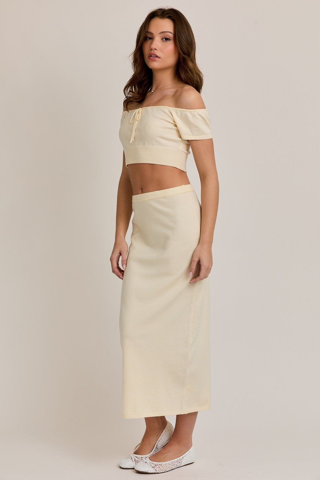 Cream Knit Off Shoulder Crop Top Maxi Skirt Set