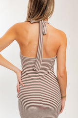 Taupe Striped Halter Neck Midi Dress