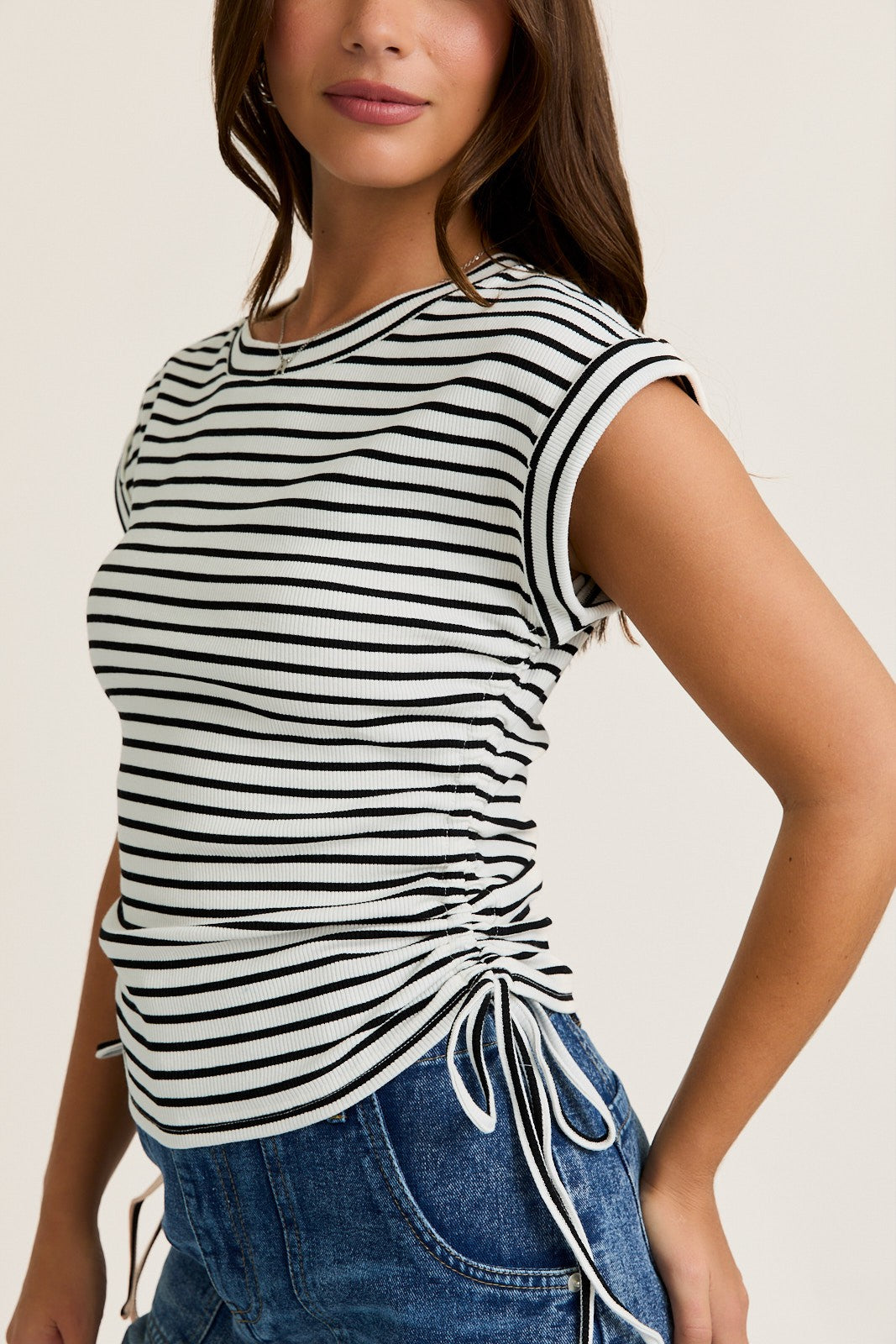 White Striped Ruched Side Tie Top