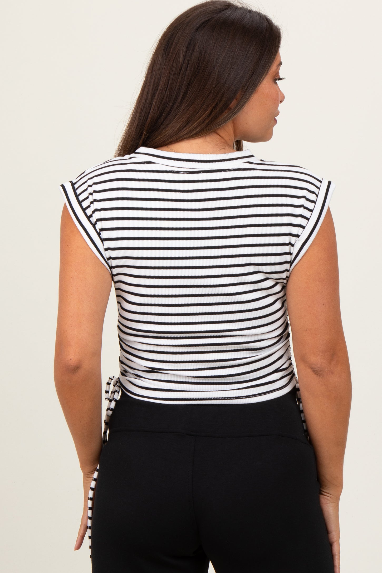 White Striped Ruched Side Tie Maternity Top