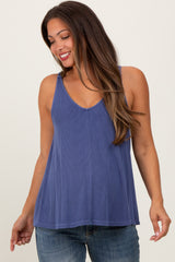 Navy Blue Ribbed V-Neck Flowy Maternity Tank