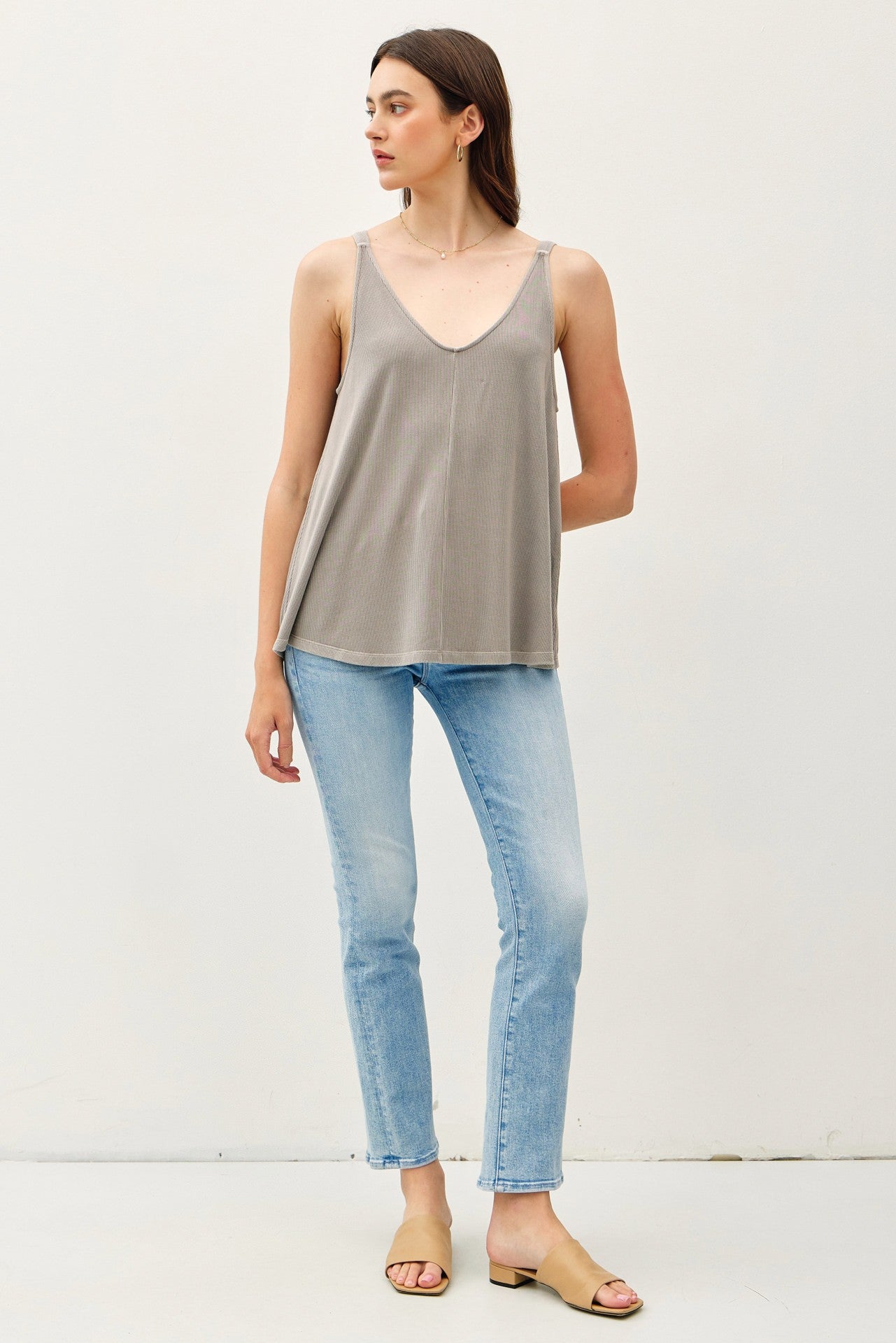 Grey Ribbed V-Neck Flowy Maternity Tank