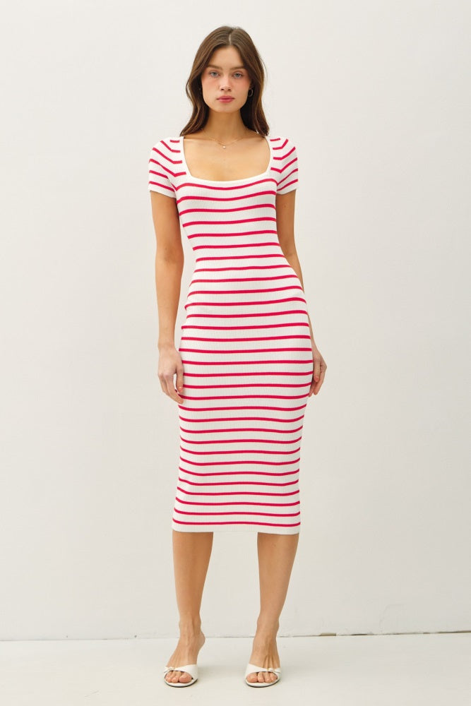 Red Striped Square Neck Short Sleeve Midi Dress