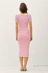 Red Striped Square Neck Short Sleeve Midi Dress