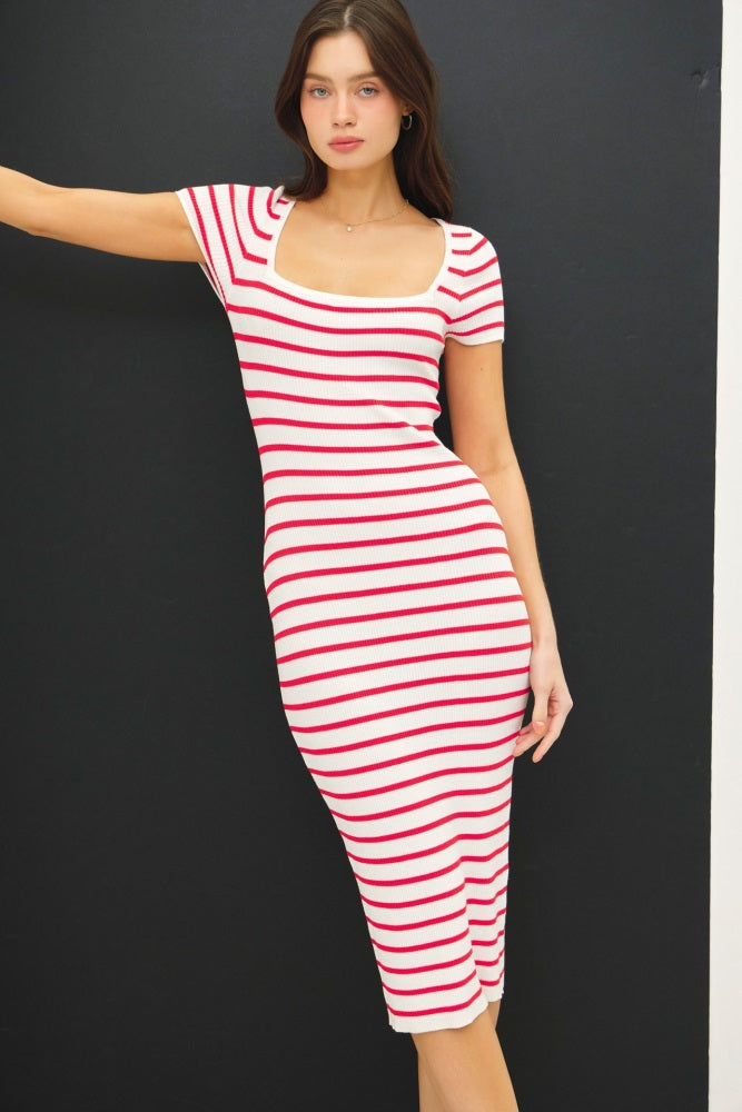 Red Striped Square Neck Short Sleeve Midi Dress