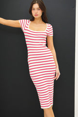 Red Striped Square Neck Short Sleeve Midi Dress