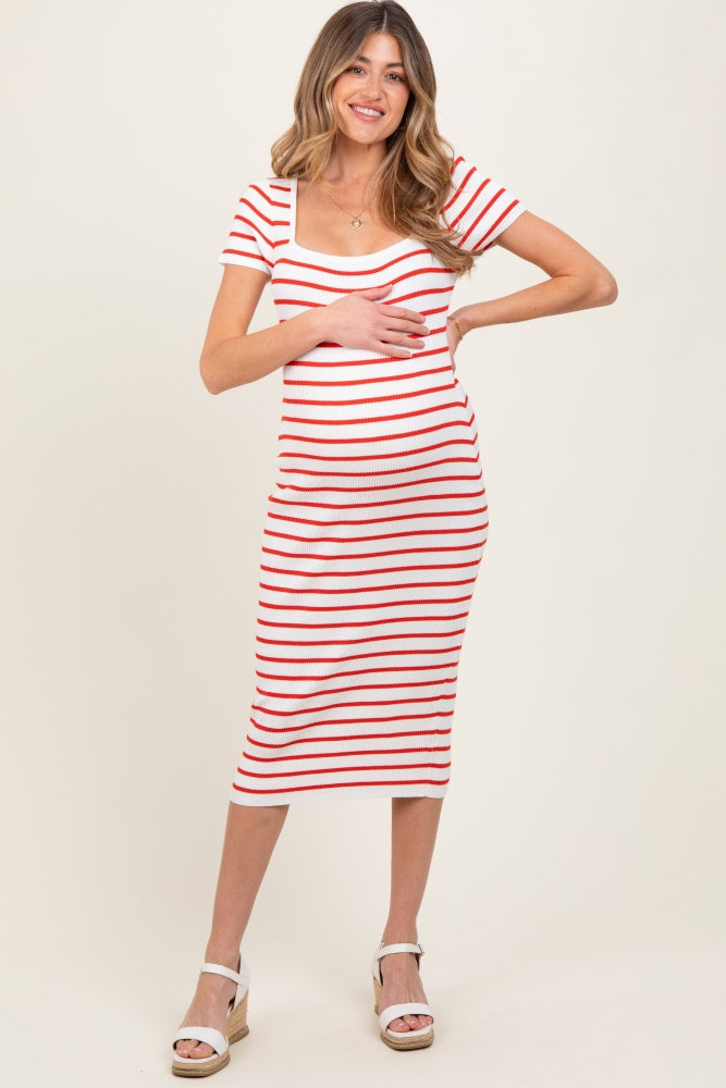 Red Striped Square Neck Short Sleeve Maternity Midi Dress