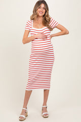Red Striped Square Neck Short Sleeve Maternity Midi Dress