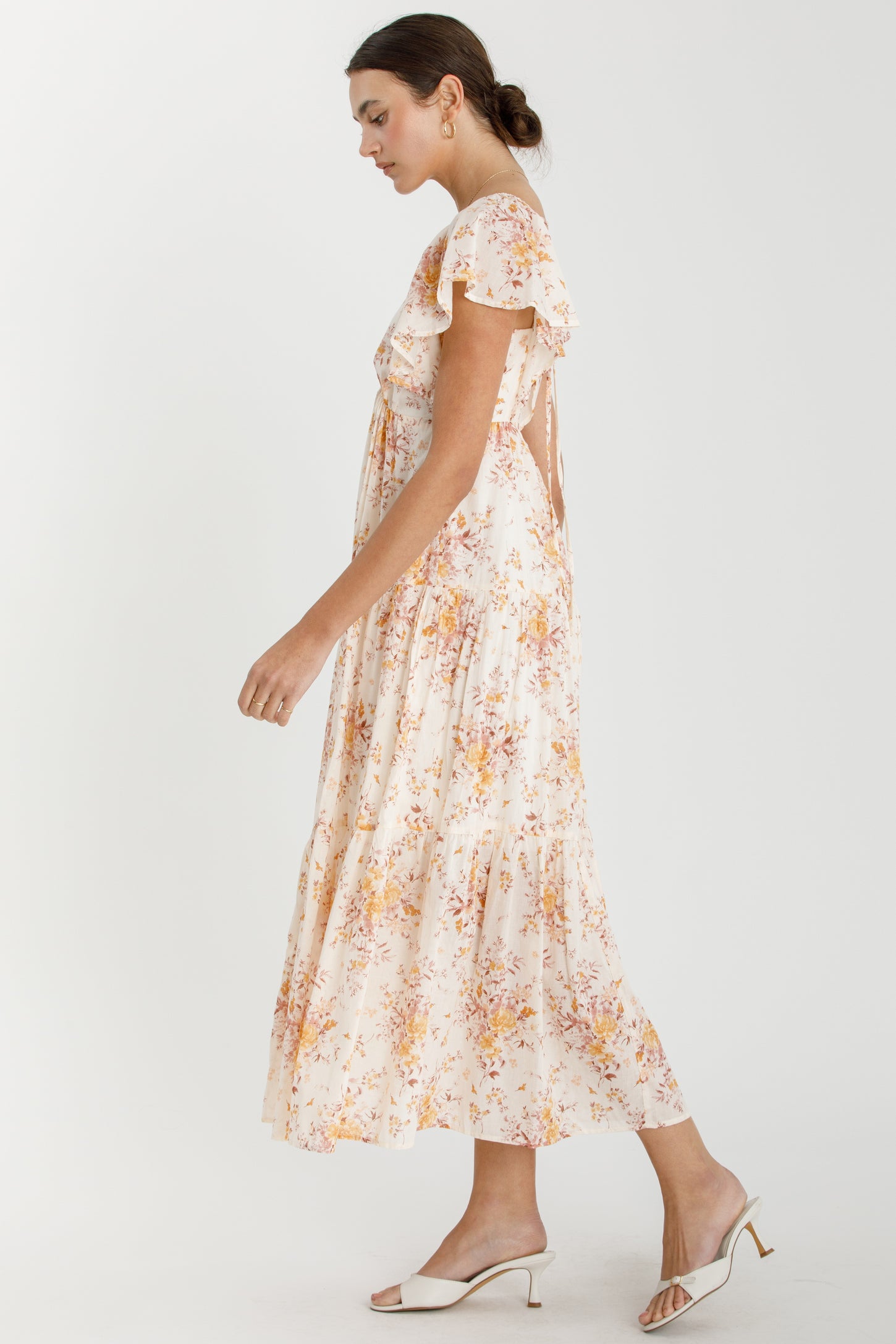 Peach Floral Flutter Sleeve Tiered Maxi Dress