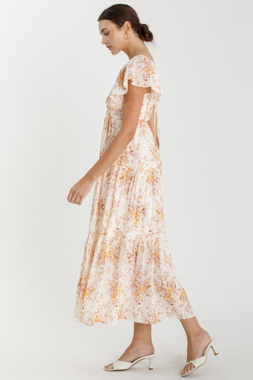Peach Floral Flutter Sleeve Tiered Maxi Dress