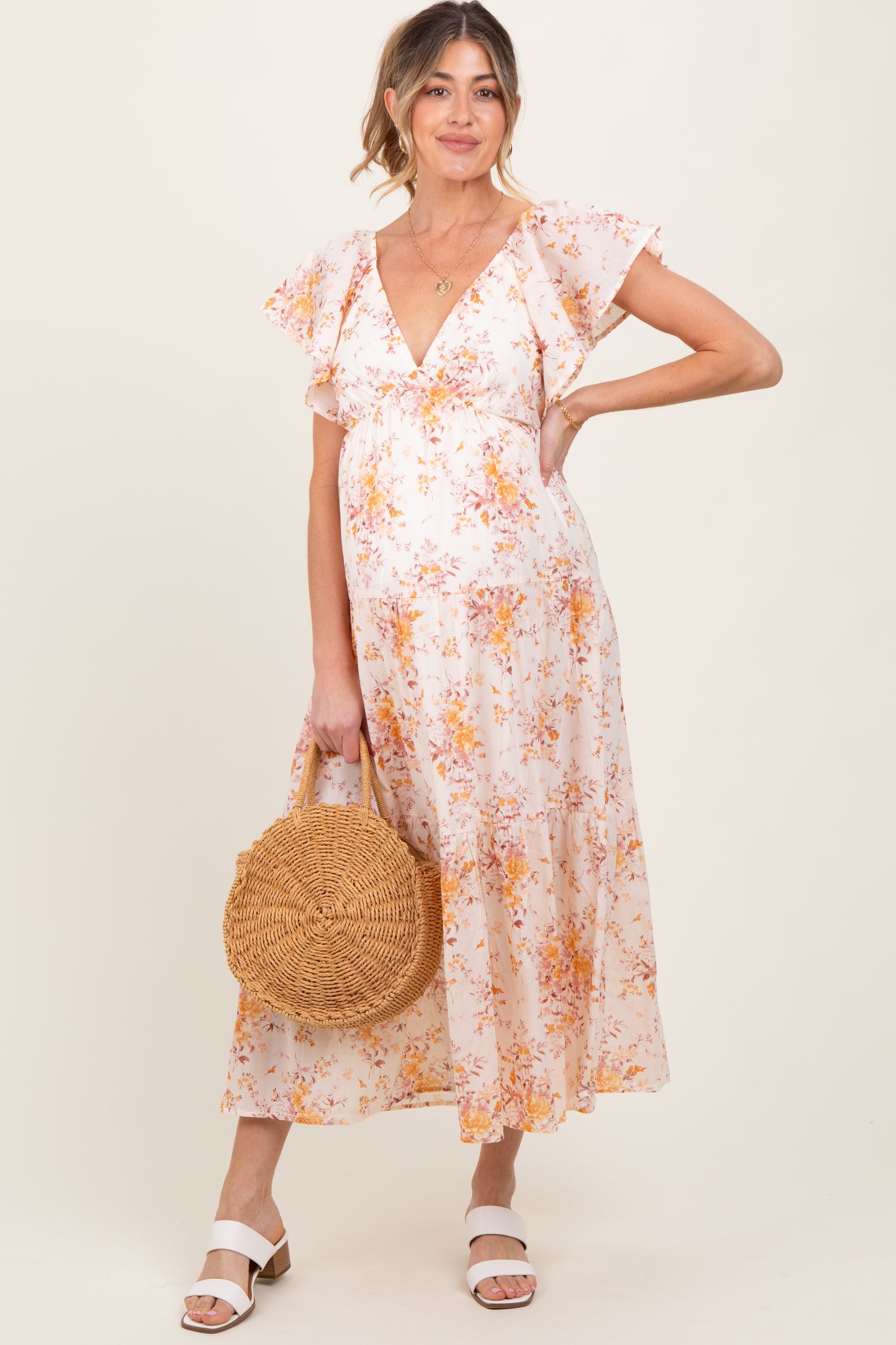 Peach Floral Flutter Sleeve Tiered Maternity Maxi Dress