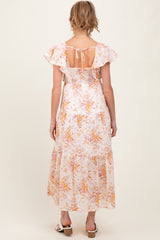 Peach Floral Flutter Sleeve Tiered Maternity Maxi Dress
