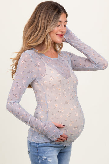 Light Blue Ditsy Floral Print Mesh Cabbage Hem Maternity Top