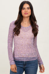 Lavender Ditsy Floral Print Mesh Cabbage Hem Maternity Top