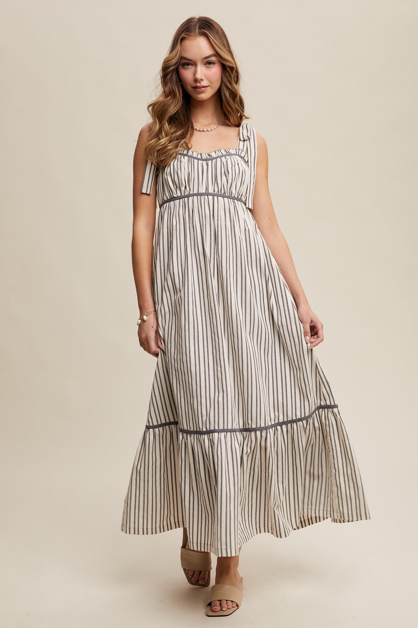 Charcoal Striped Bow-Tie Maxi Dress