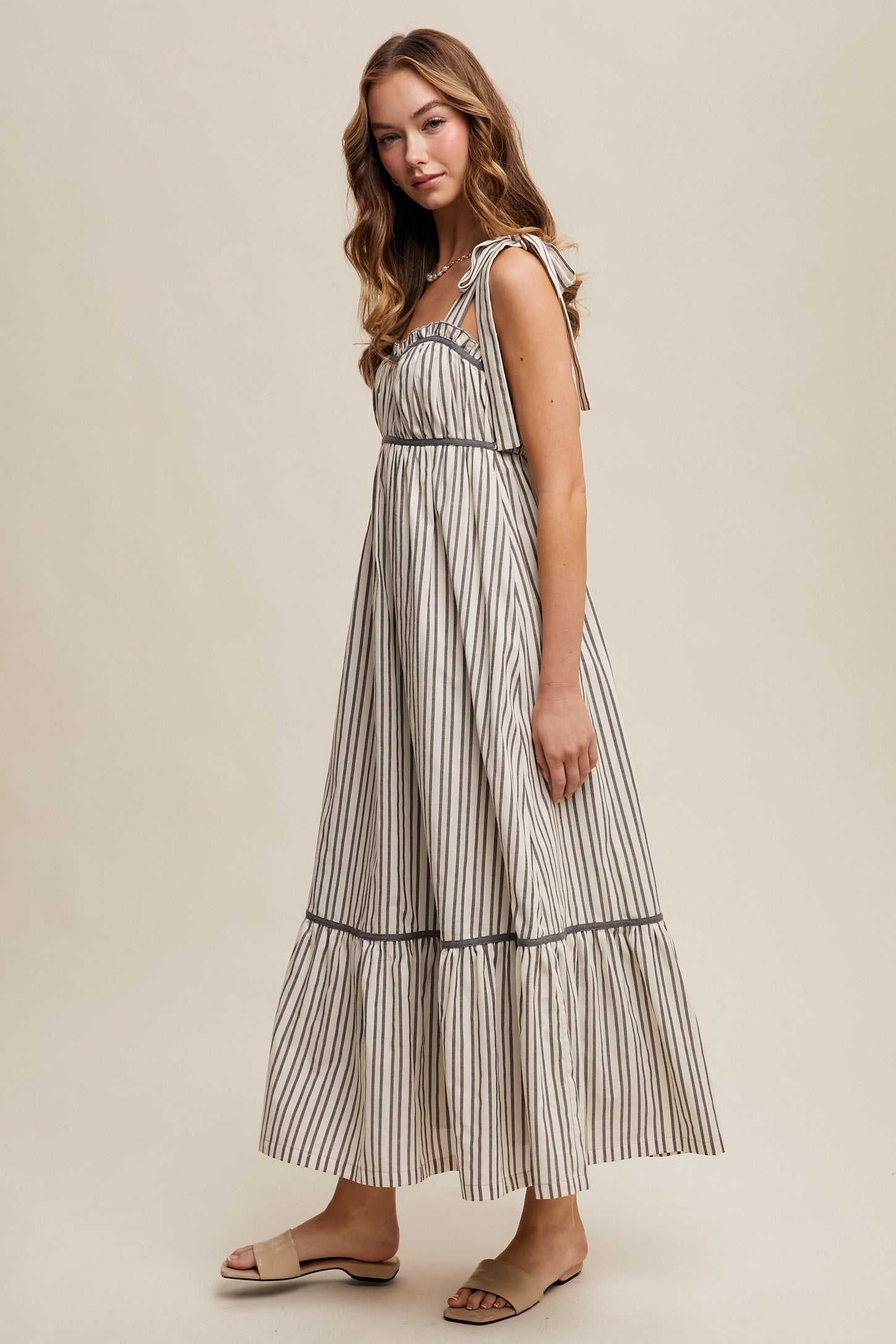 Charcoal Striped Bow-Tie Maxi Dress