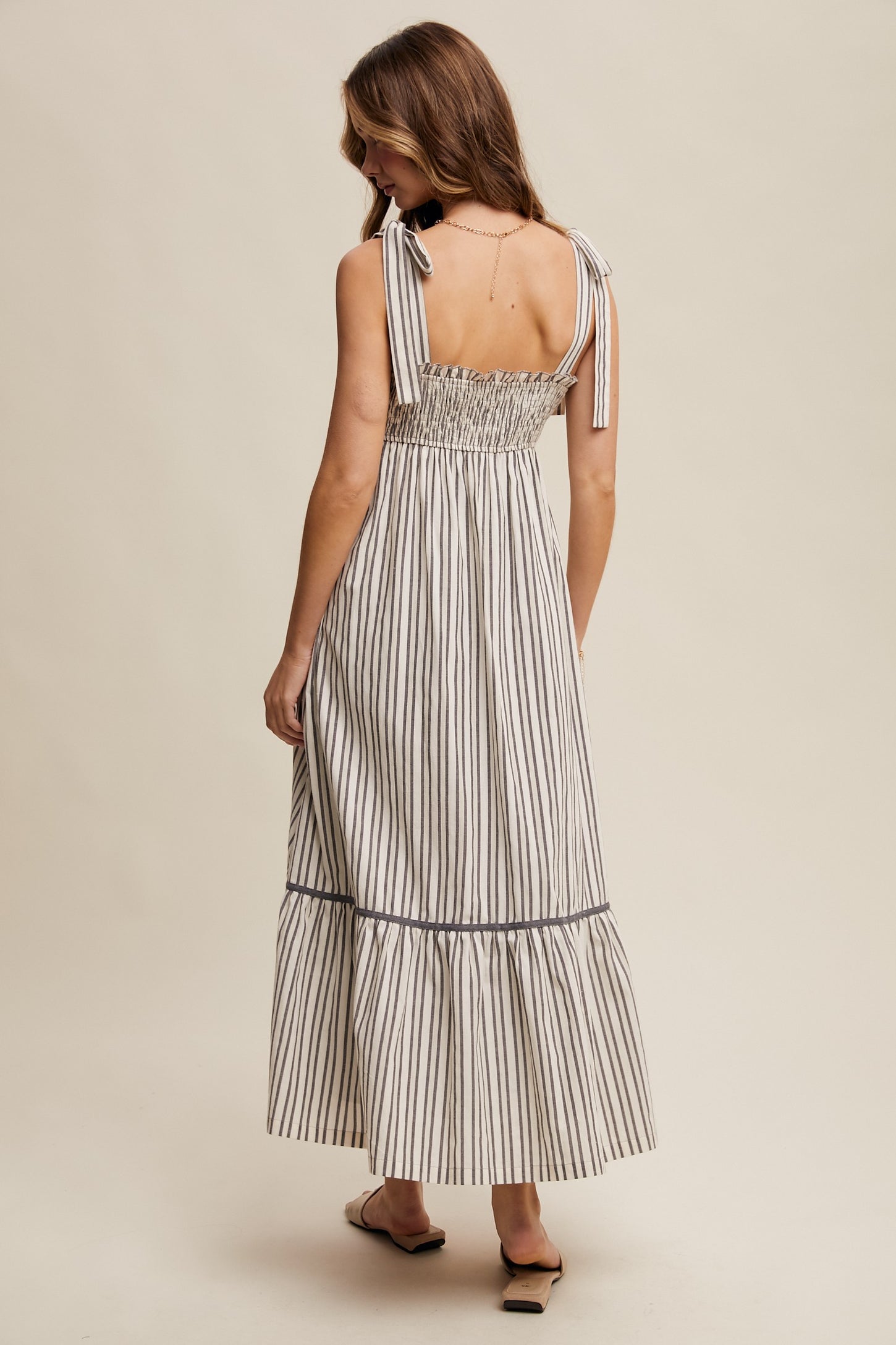 Charcoal Striped Bow-Tie Maxi Dress