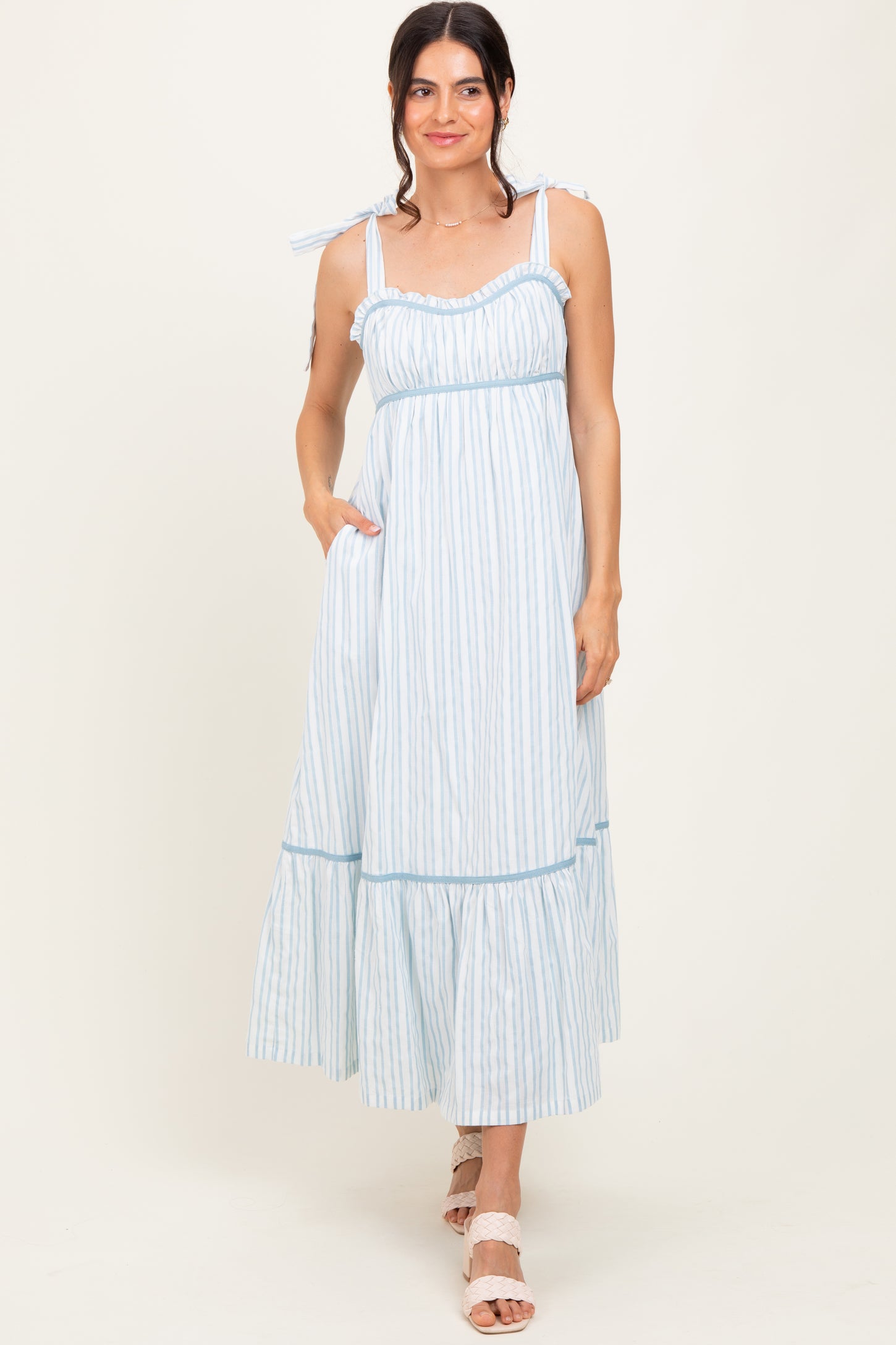 Ivory Striped Bow-Tie Maxi Dress