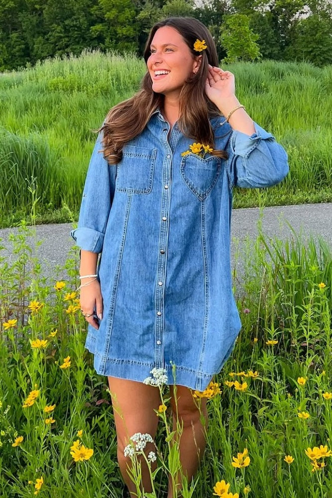 Blue Denim Heart-Pocket Shirt Dress